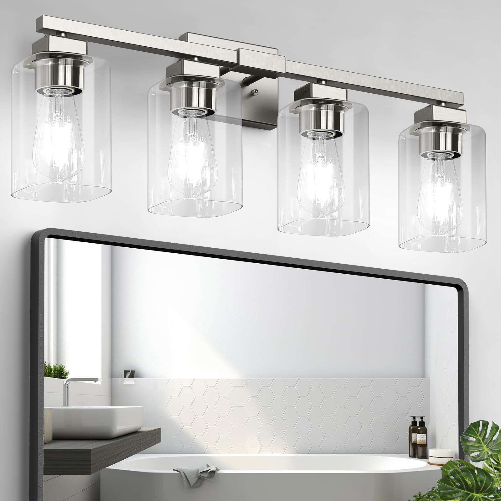 Photo 1 of BesLowe 27" 4-Light Bathroom Light Fixture, Modern Brushed Nickel Bathroom Vanity Light, Bathroom Lighting Fixtures Over Mirror, Matte Nickel Bathrom Wall Lamp, Wall Lights for Living Room Bedroom