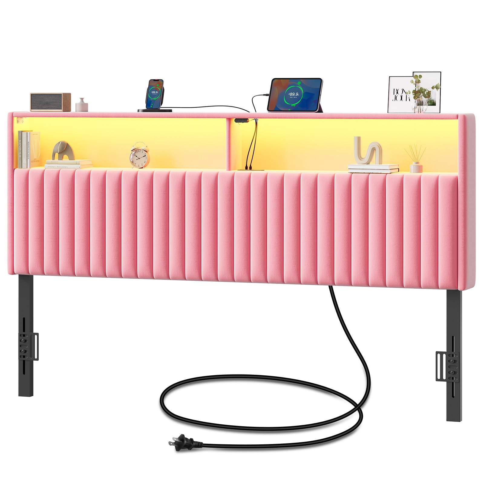 Rolanstar Headboard for King Size Bed with Storage, Head Board with USB & Type C Port, 60,000 DIY Color of LED Light, Velvet Upholstered, Height Adjustable, Sturdy, Easy Assembly, Pink