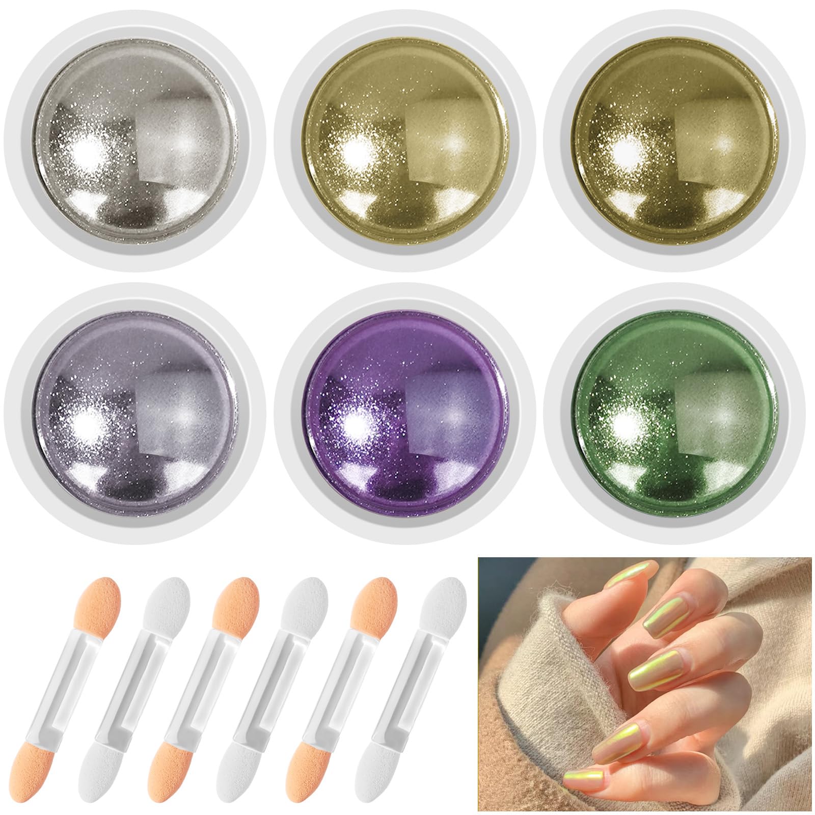 6 Colors Chrome Nail Powder, Metallic Chrome Powder with 6Pcs Eyeshadow Sticks, Silver Gold Glitter Pigment Kit, Nail Powder Pigments for Nail Art Glitter Decoration