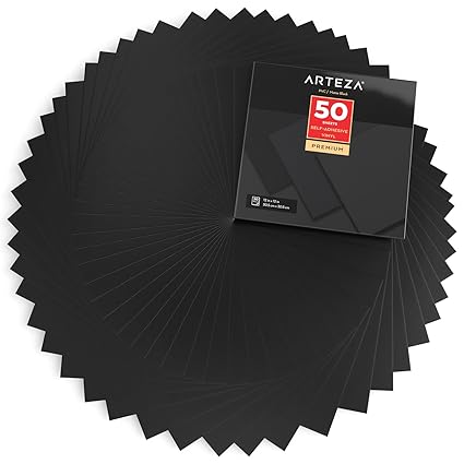ARTEZA Selbstklebende Vinyl-Folie | 50 Stück | 12 x 12 Zoll (30.4 cm x 30.4 cm) | Mattschwarze Klebefolien | Vinyl-Blätter zu