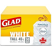 Glad White Garbage Bags - Tall 45 Litres - ForceFlex, Drawstring, with Febreze Fresh Clean Scent, 50 Trash Bags, Made in Cana