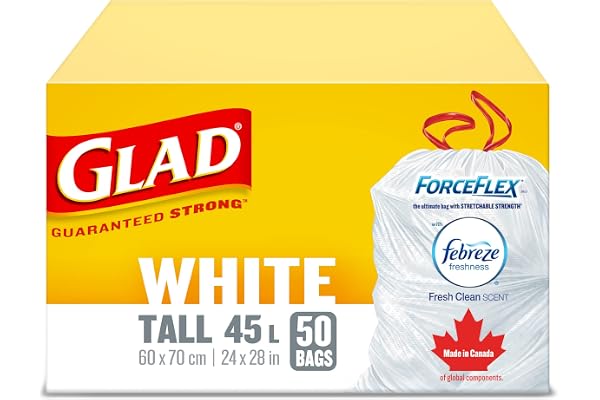 Glad White Garbage Bags - Tall 45 Litres - ForceFlex, Drawstring, with Febreze Fresh Clean Scent, 50 Trash Bags, Made in Cana