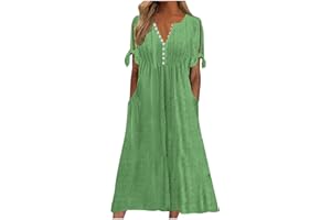 HUNENY Summer Dresses for Women Casual Loose V Neck Button Down Sun Dress Soft Elegant Short Sleeve Midi Dress with Pocket