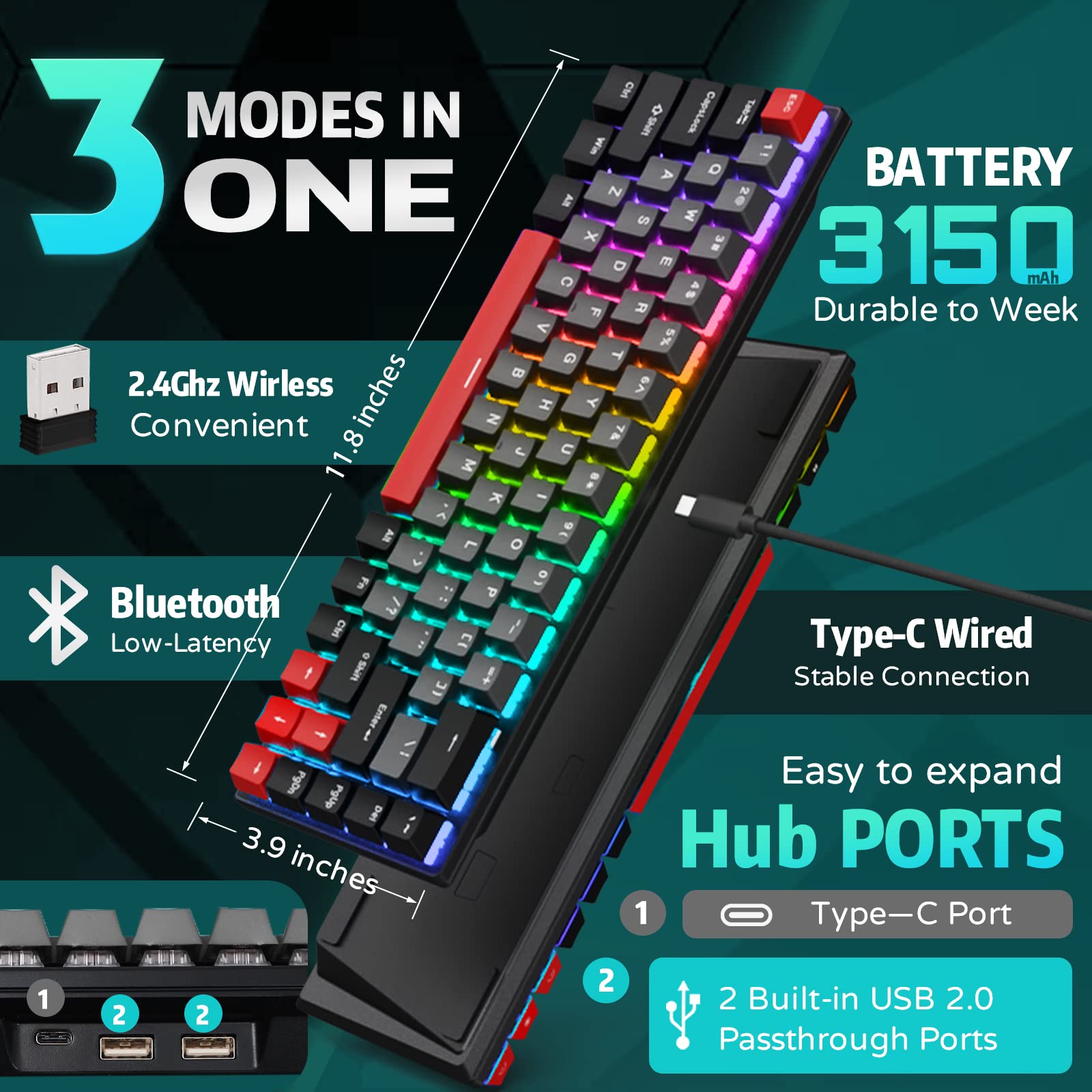RK ROYAL KLUDGE RK G68 65% Wireless Mechanical Keyboard, Bluetooth5.1/2.4G/Wired Hot Swappable Mechanical Keyboard with RGB 68 Keys 3 USB Ports PBT Keycaps, Brown Switch for Mac Windows, Dolch