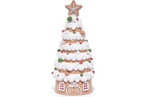 Hodao Christmas Village House Decorations Gingerbread House with Xmas Tree Theme, Battery-Powered (2 AAA) 8.6" H Resin Christmas Tree Decor for Indoor Festive Home or Party (Tree-1)