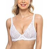 Deyllo Women's Sexy Lace Bra Non-padded Underwire See through Unlined Bra Mesh Sheer Plunge Low Cut Bralettes