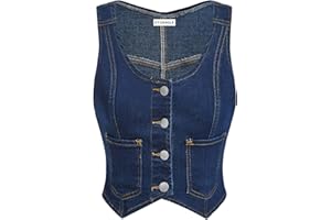 OYOANGLE Women's Button Front Denim Vest Tank Top Scoop Neck Sleeveless Jean Waistcoat