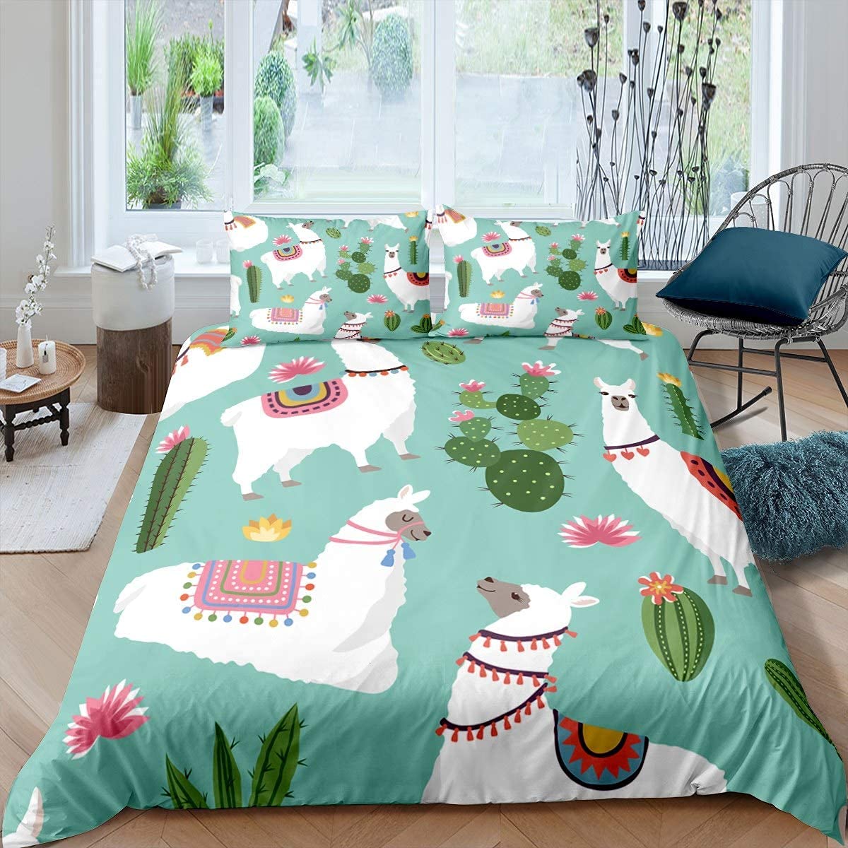 Homemissing Cute Llama Bedding Set for Girls Boys Child Cartoon Llama Alpaca Bedding & Linen Exotic Cactus Duvet Cover Boho Succulent Bedding & Linen King Size 3Pcs