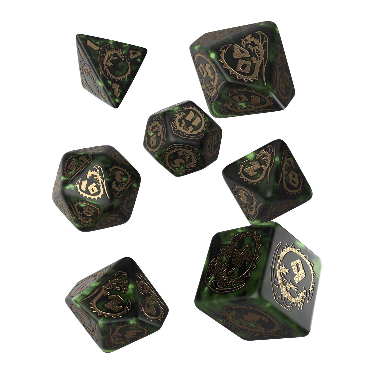 Q WORKSHOP Dragon bottle green & gold RPG Ornamented Dice Set 7 Polyhedral Pieces
