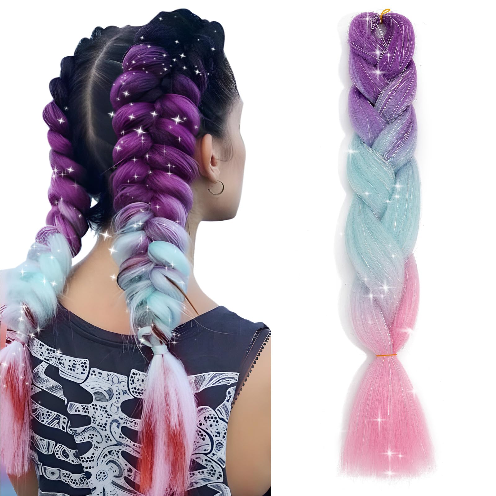 Ombre Jumbo Braiding Hair Colorful Tinsel Hair Extension 24 Inch 1PC Synthetic Braids Rainbow Hair for Women,Glitter Fake Hair for Festival Rave,Light Purple to Lake Blue to Pink Glitter