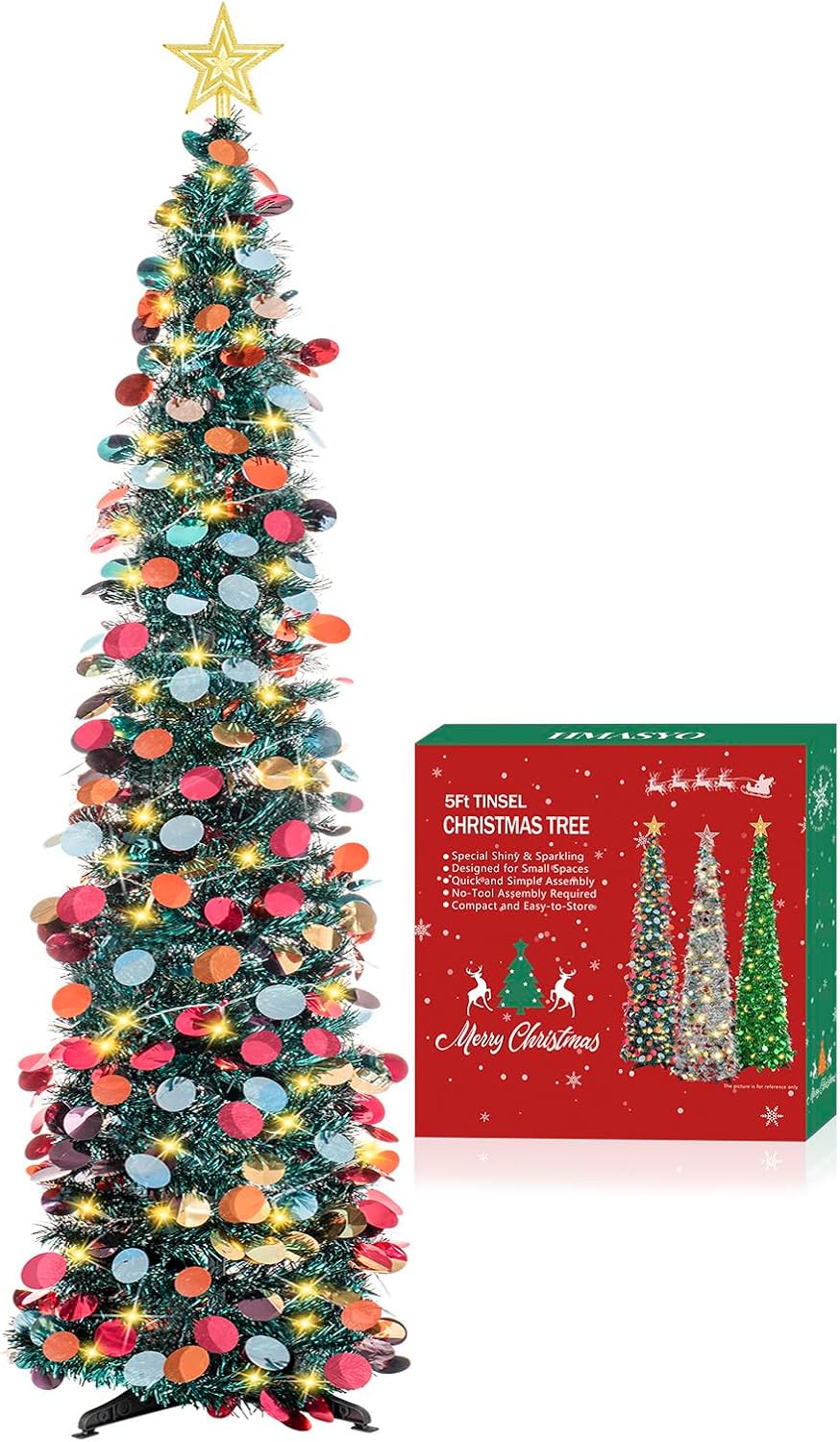 Trees - HMASYO 5 Foot Tinsel Christmas Tree with 50 LED Colorful Lights - Collapsible Pop Up Colorful Round Sequin Artificial Christmas Pencil Trees Xmas Decorations for Home Apartment Fireplace Party