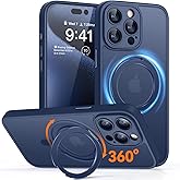 CANSHN 360° Spin Magnetic Stand for iPhone 15 Pro Case [Full Camera Protection] [Compatible with Magsafe] [Translucent Matte] Shockproof Protective Kickstand Phone Cover 6.1" - Deep Blue