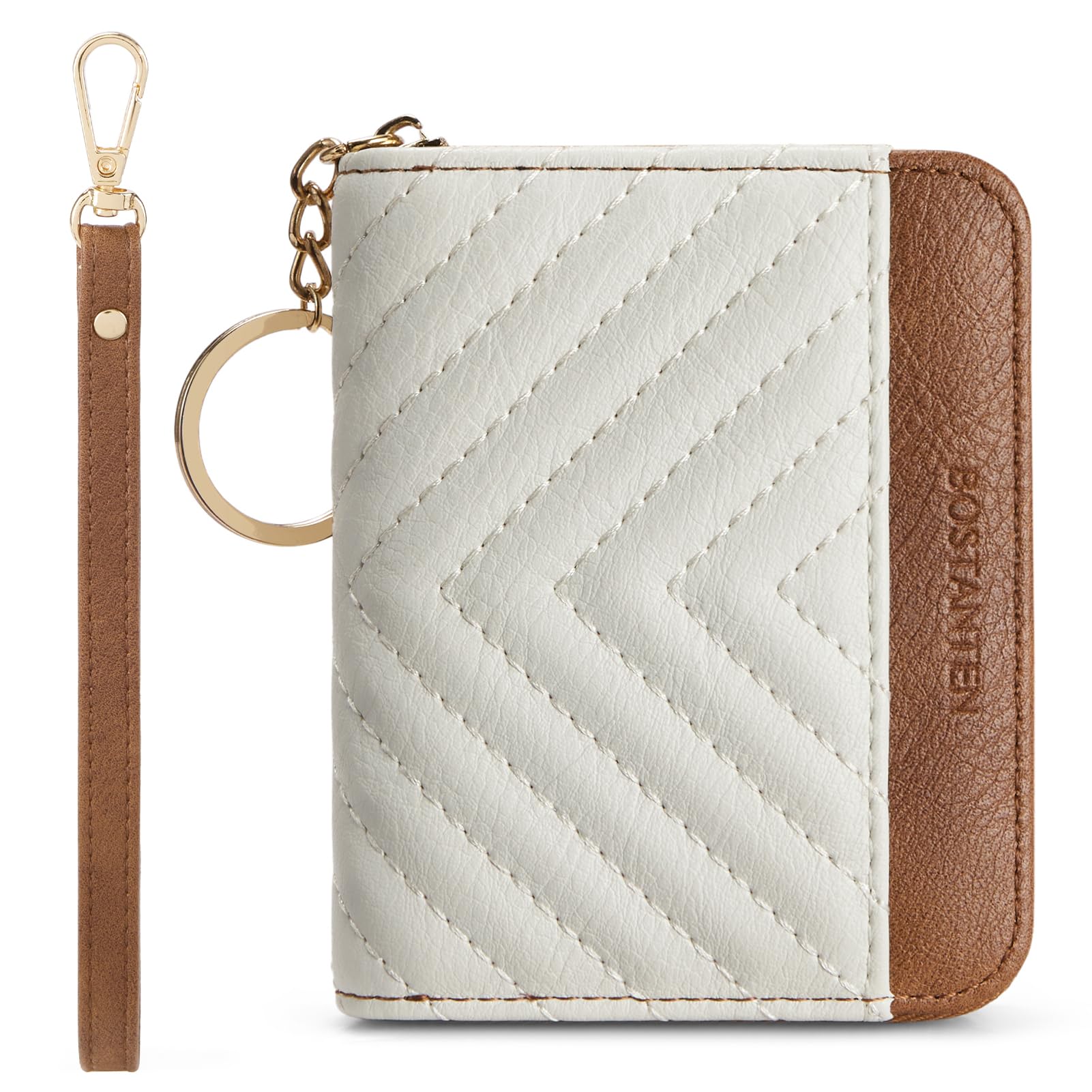 Photo 1 of BOSTANTEN Credit Card Holder Wallet RFID Blocking Leather Small Wallet for Women Zipper Keychain Wallet with Wristlet Beige?Brown