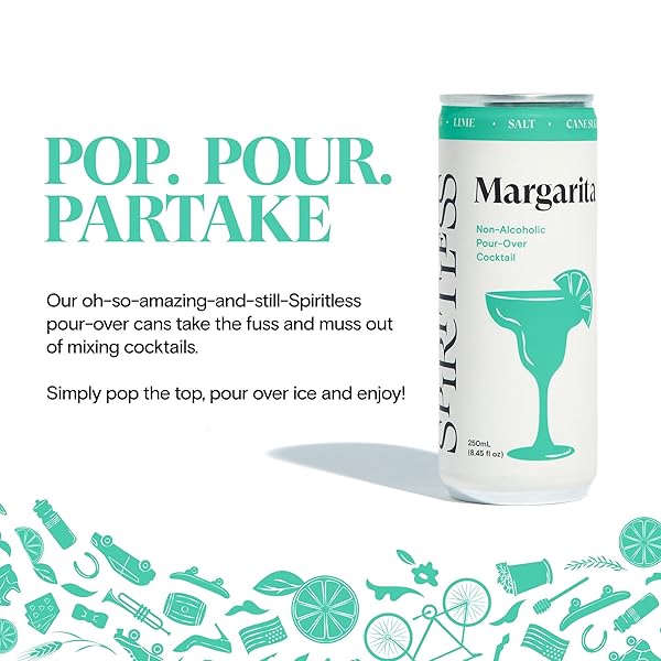 SPIRITLESS MARGARITA, NON-ALCOHOLIC POUR-OVER CANS, READY TO DRINK OR MOCKTAIL & COCKTAIL MIXER, VEGAN, 80 CALORIES, 8.45 FL OZ CANS (4 PACK)