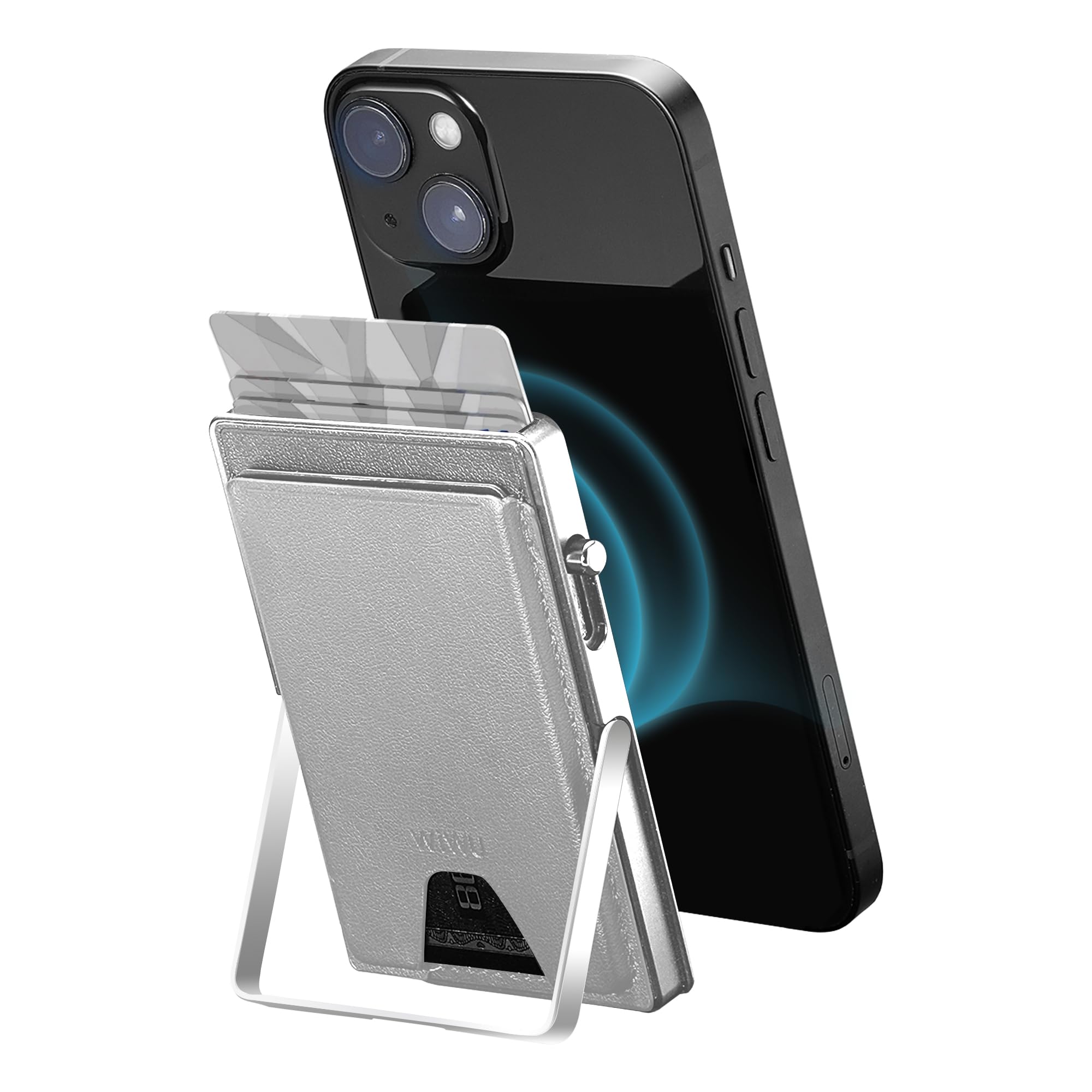 Photo 1 of Magnetic Phone Wallet Stand,Mag Safe Wallet with 7 Credit Card Holder,Pop Up Access,Metal Card Holder,RFID Wallet for Men Women,Minimalist for iPhone 16 15 14 13 12 Android,Vegan Leather (Grey)