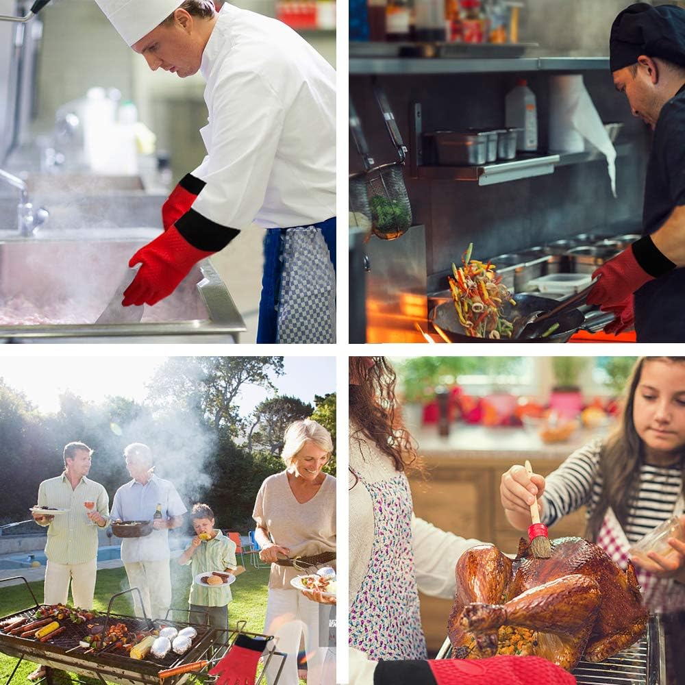 Oven Gloves, Heat Resistant Cooking Gloves Silicone Grilling Gloves Long Waterproof BBQ Kitchen Oven Mitts with Inner Cotton Layer for Barbecue, Cooking, Baking -Red: Home & Kitchen