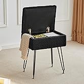 Leesingdo Vanity Stool Chair, Faux Teddy Fur Ottoman Foot Stool with Metal Legs & Adjustable Black Feet, Flip Top Storage Makeup Stool with Soft Padded Seat, Foot Rest for Makeup Room Bedroom, Black