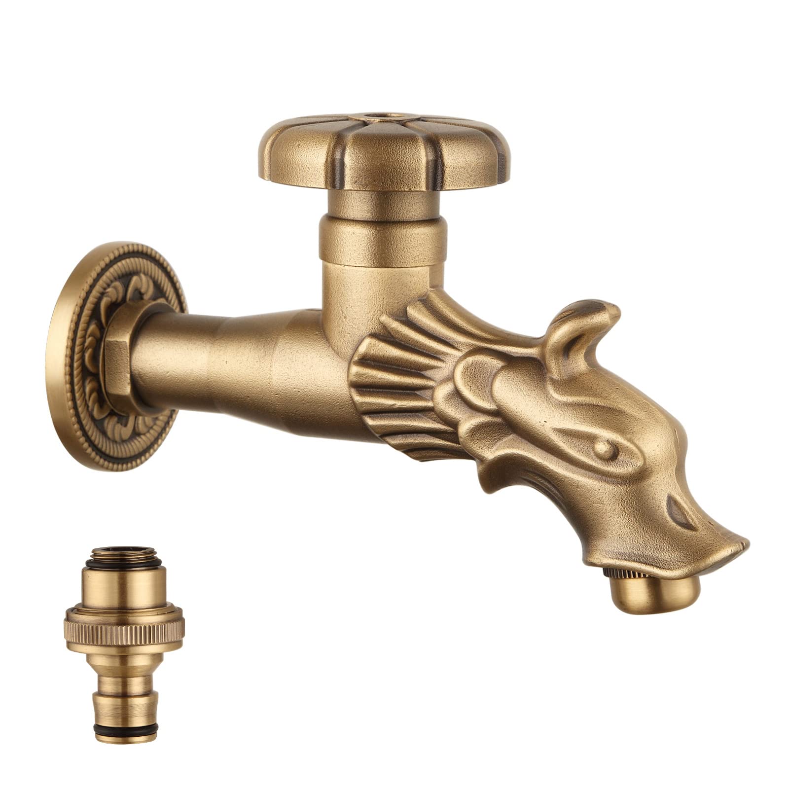 Antique Brass Garden Faucet Wall Mounted Outdoor Hose Water Tap 1/2 Inch Dragon Design