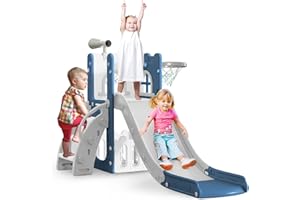 LulliSpace 6 in 1 Toddler Slide,Kids Playset for Toddlers Indoor Outdoor, Baby Slide with Basketball Hoop, Telescope & Storage Space,Non-Slip Steps for Great Gift