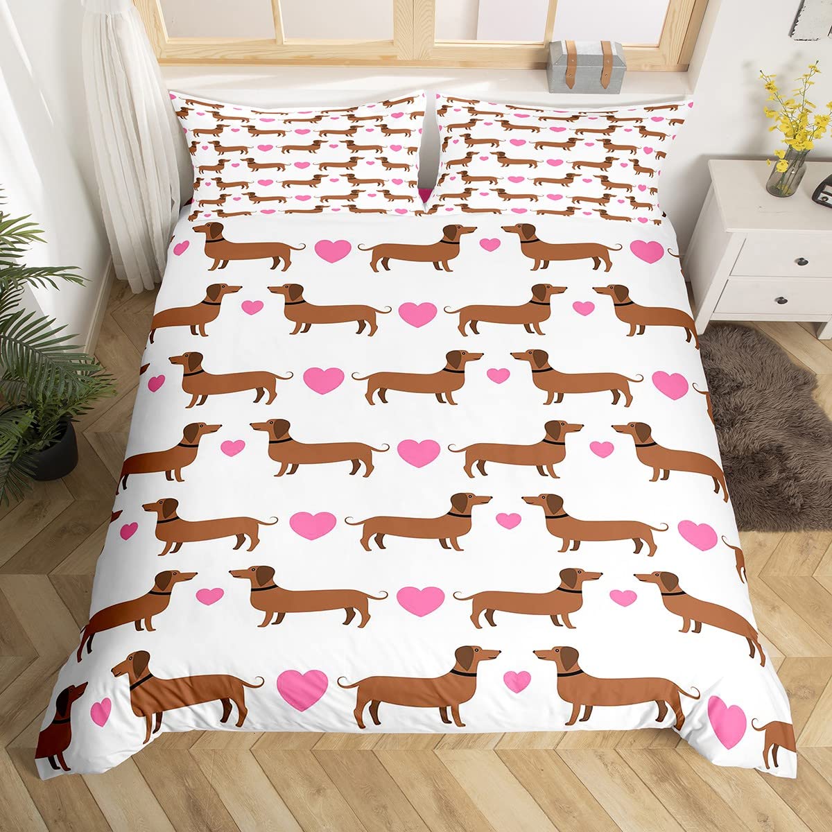 Cute Dog Bedding Set Cartoon Dachshundn Duvet Cover for Kids Boys Girls Pet Puppy Dog Lover Heart Comforter Cover Brown Pink 2Pcs Bedding Single
