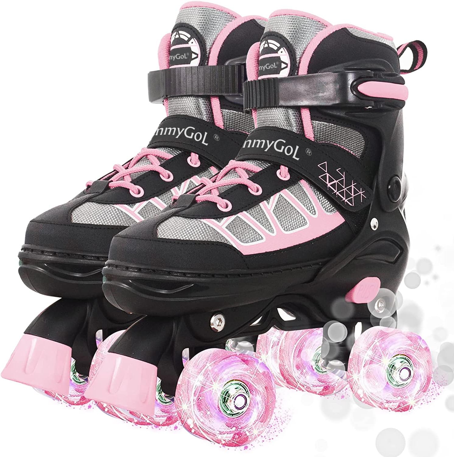 MammyGol Roller Skates for Kids Boys Girls, Adjustable Quad Skates with Light Up Wheels for Toddler Little Kids Ages 6-12 Size 9C 10C 11C 12C, Beginners Outdoor Sports, Pink Image