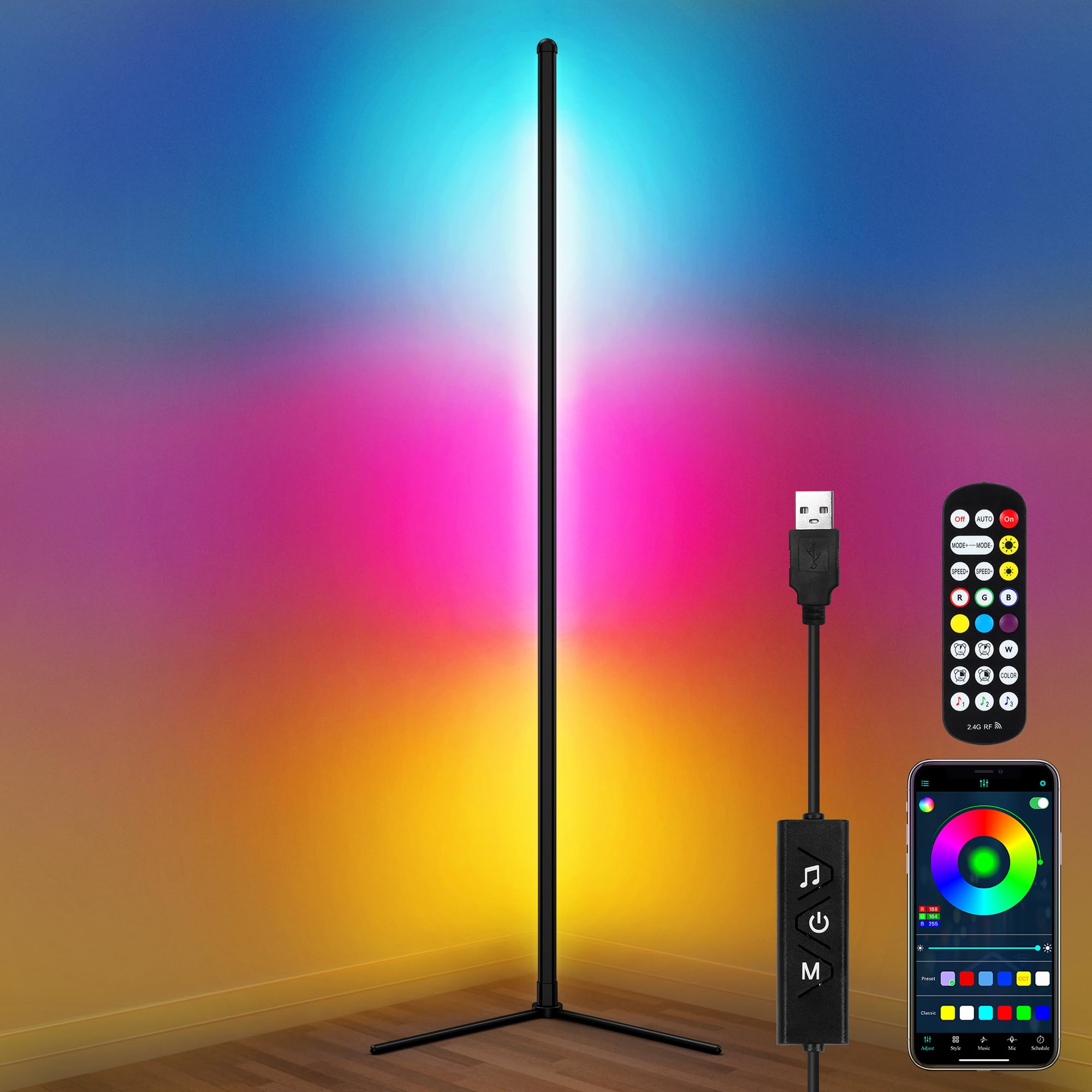 Lesmore LED Corner Floor Lamp RGB Corner Light for Bedroom Smart Floor Light 61.5" with Remote & App, Music Sync, Timing, 16 Million Colour Changing Mood Lighting for Living Room