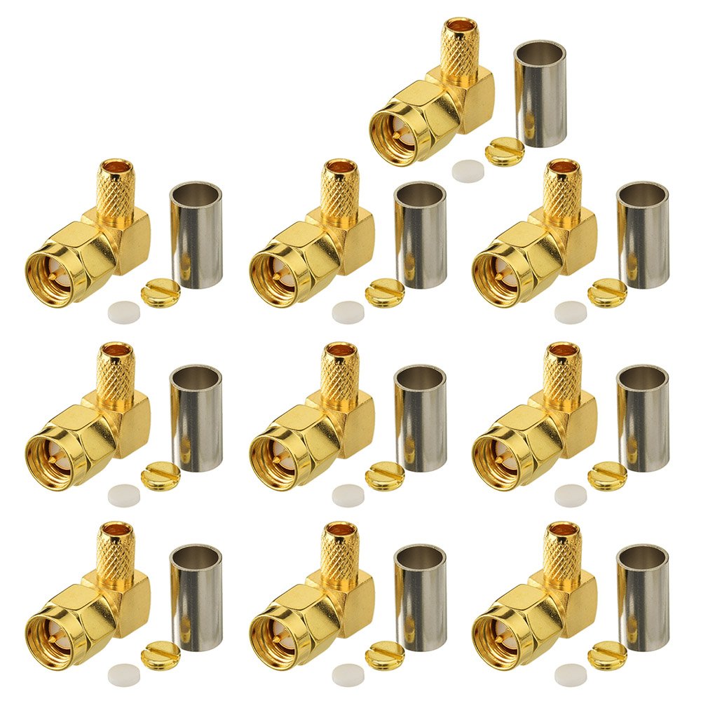 Eightwood SMA Right Angle Connector - Male, Crimp for 4G Antenna, RG58, Ham Radio, Wifi Router, Transceiver - 10pcs