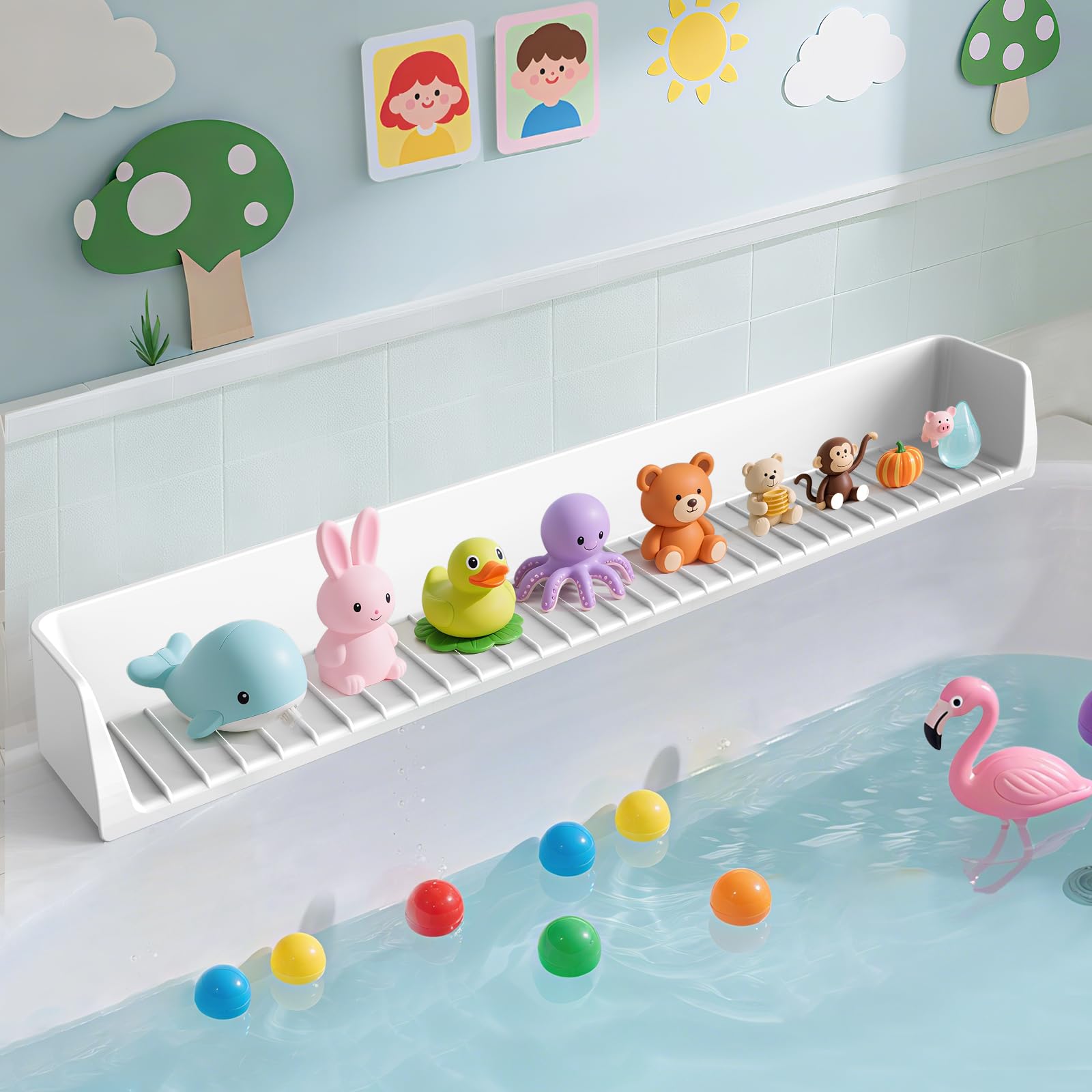 Photo 1 of Soliwo Bathtub Splash Guard PlayPad Shelf Area with Strong Suction Cups, Toy Tray Caddy Holder Storage Over Tub, Bathtub Ledge Guard, No Mess Water & Leak, Bath Time for Toddlers Kids Baby-2.62FT