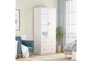 Hitow 2 Door Wardrobe Armoire Closet with Mirror, 31.5" WFreestanding Wardrobe Cabinet with 2 Drawers & Hanging Rod, Bedroom Armoire Clothes Organizer, C White