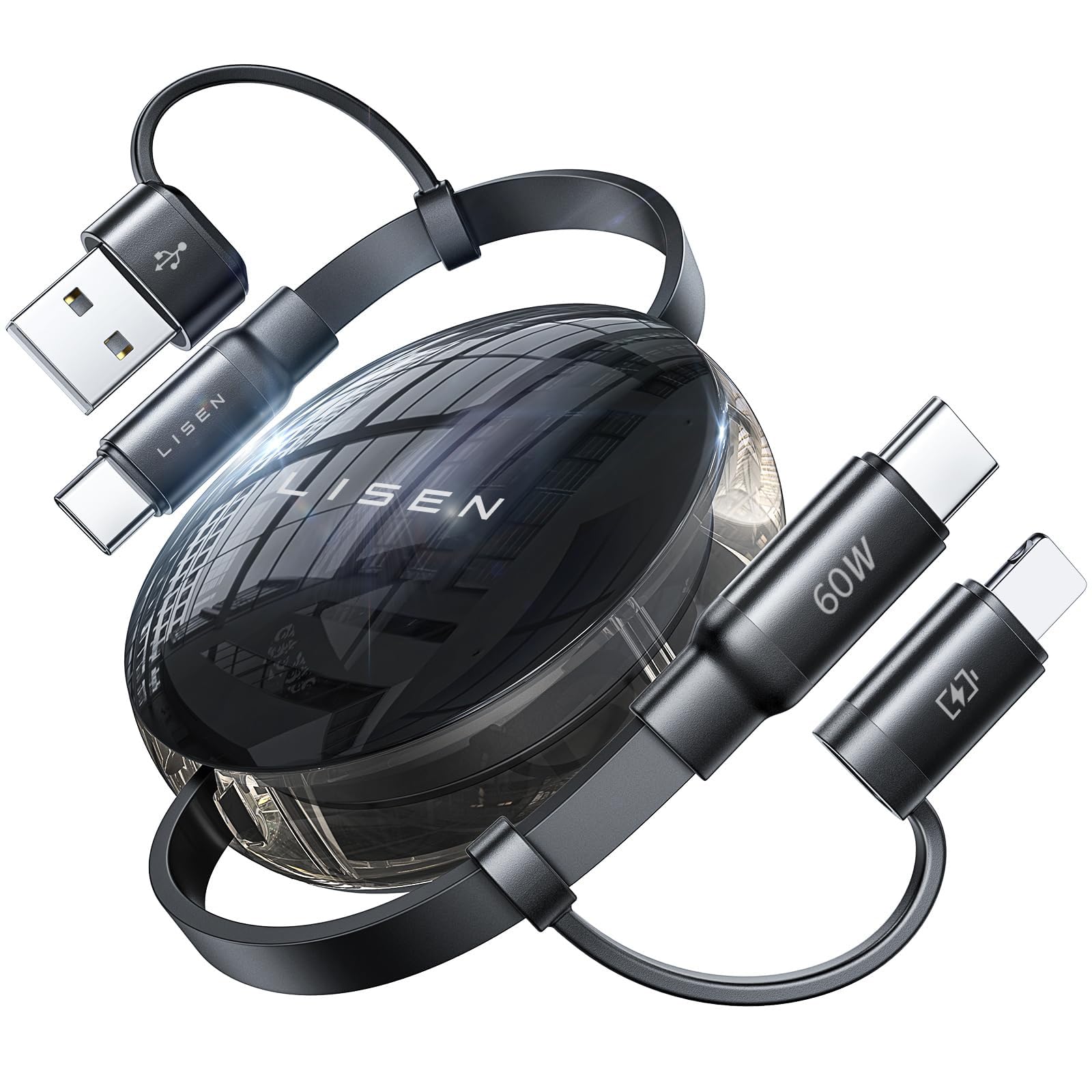 Photo 1 of **UNTESTED *** LISEN 5-in-1 Fast Charging Retractable Cable for iPhone, iPad, Samsung - 60W Charger with USB-C/A Ports for Phones, Tablets, Black