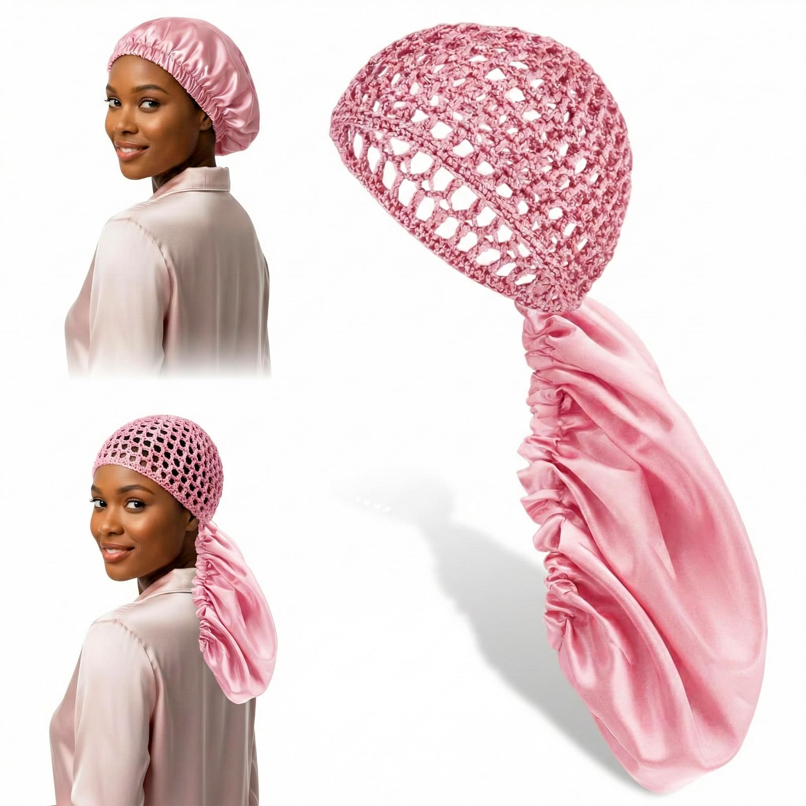 Photo 1 of 2 In 1 Wrap Cap Bonnet Reversible Silk Press Wrap Cap Curly Hair Bonnet for Sleeping Adjustable Double Layered Braid Protection Hair-Wrap Caps Elastic Net Long Hair Silk Press Caps, Pink