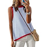 Dokotoo Womens Summer Tops 2026 Casual Striped Color Block High Neck Tank Top Loose Knit High Low Sleeveless Shirts Blouses