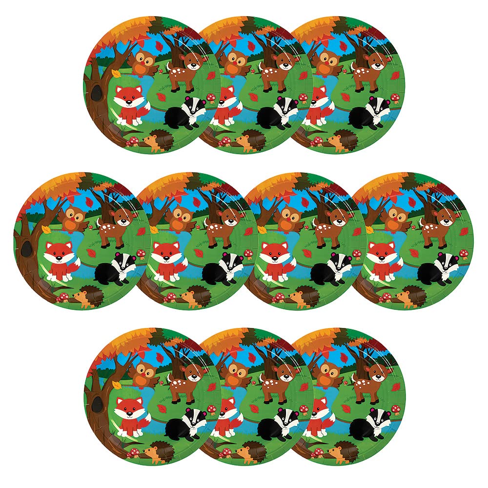 Baker Ross FX158 Woodland Animals Party Plates - Pack of 10, Disposable Paper Plates, Kids Party Table Decoration, Birthday Party Supplies, Party Plates
