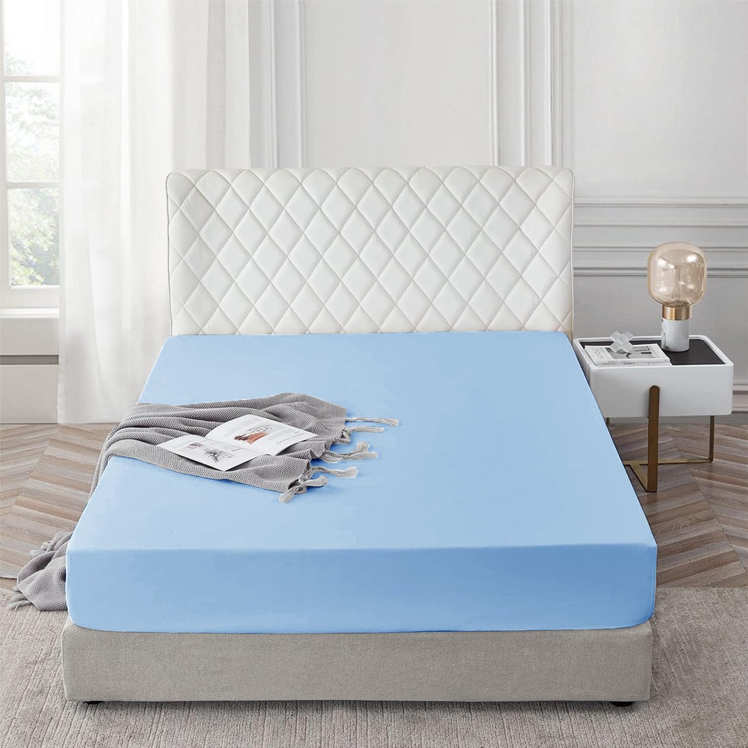 AR Ware Super King Fitted Sheet 100% Egyptian Cotton 300 TC, Breathable Extra Deep Fitted Sheets, Hotel Quality 30 Cm (Light Blue)