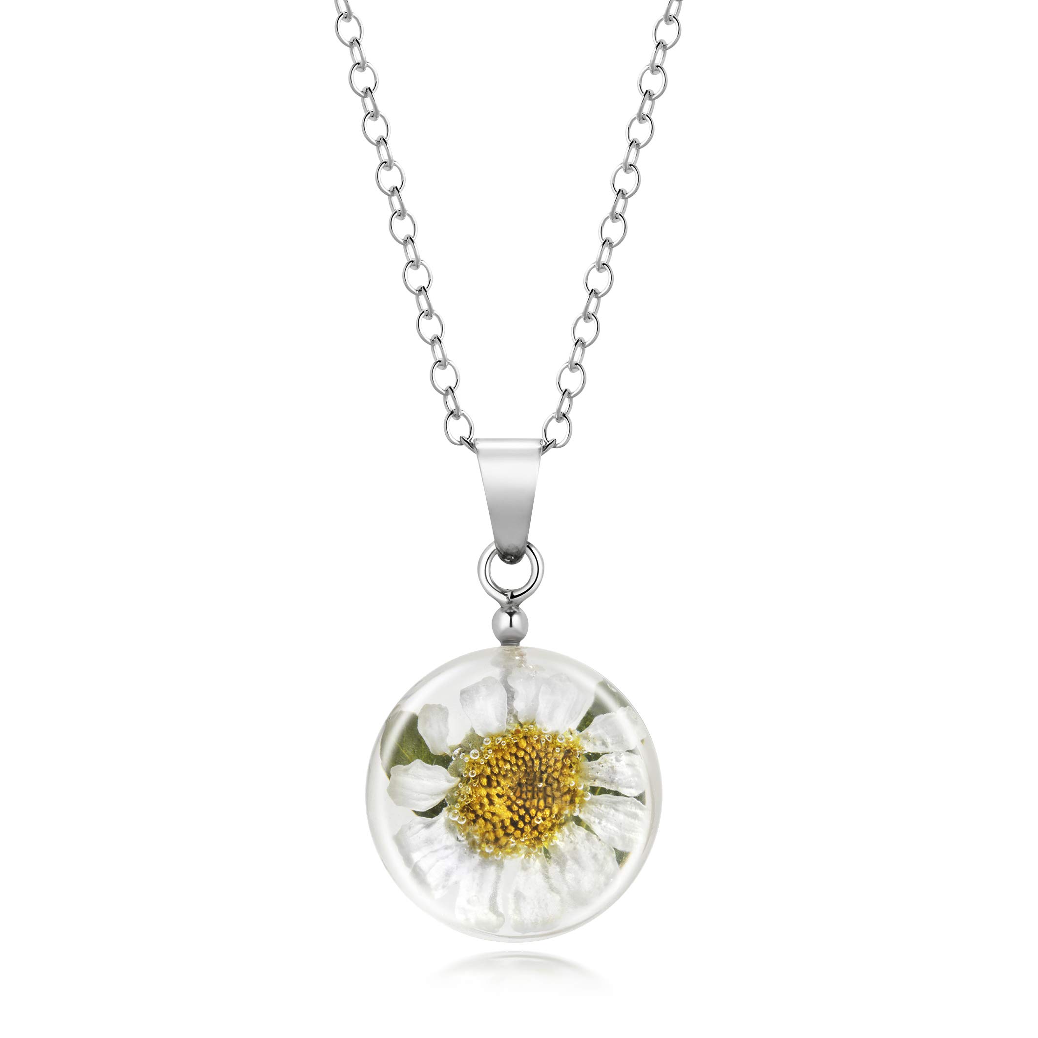 Natural Flower Jewellery Round/Spherical Pendant Made With A Real Single Tiny Daisy set in resin, with sterling silver fittings and chain.