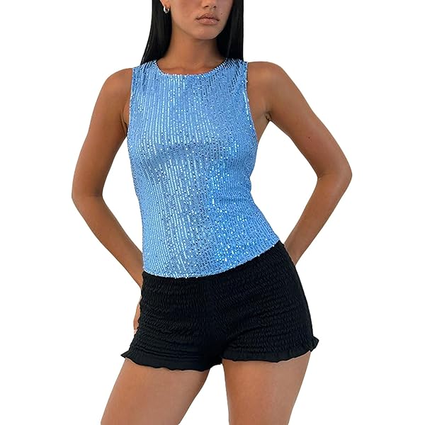 Women's Y2k Shine Sequin Vest Tank Tops Sleeveless Crew Neck