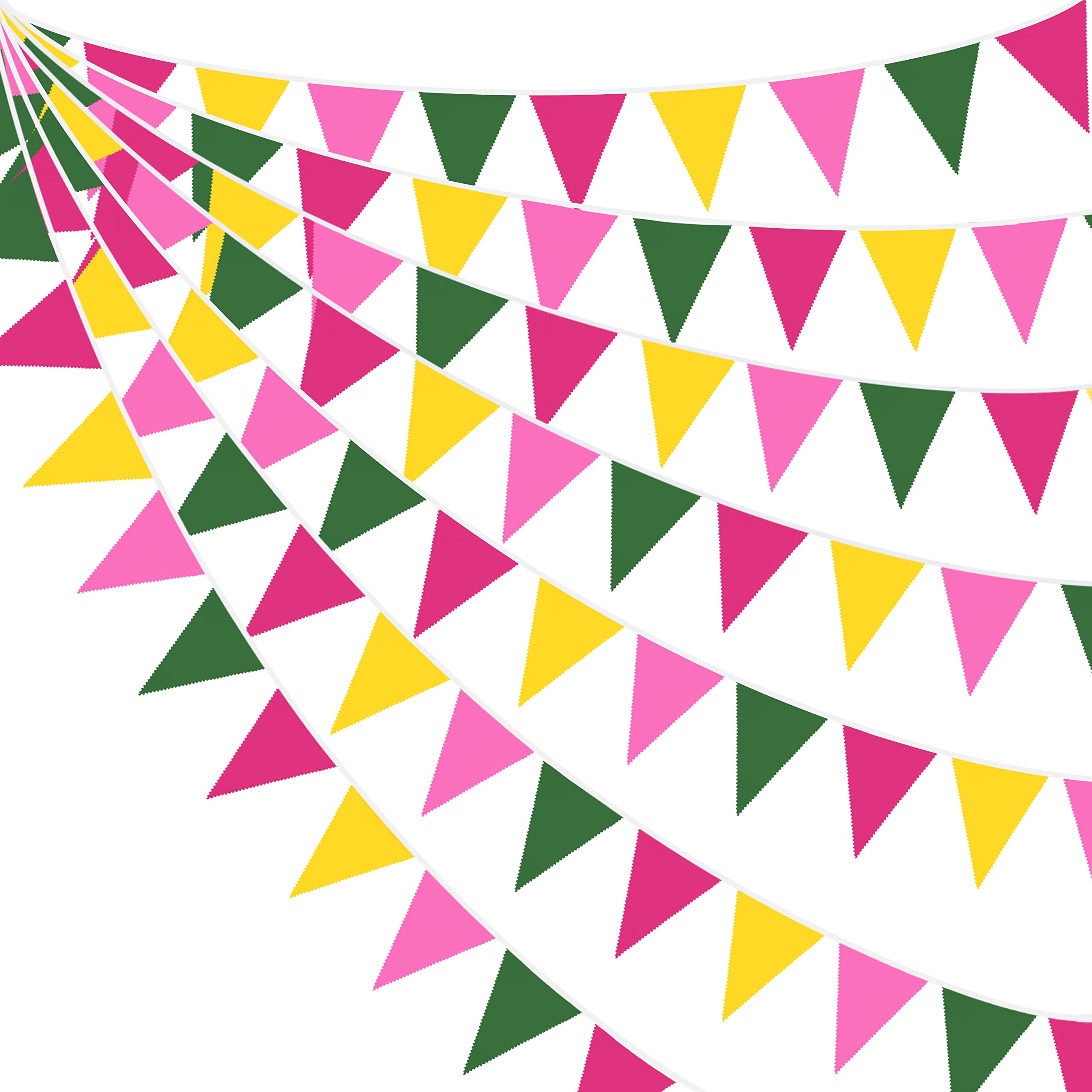 32Ft Yellow Green Pink Fabric Bunting Banner Party Decorations Pennant Triangle Flag Garland for Summer Flamingo Tropical Hawaiian Luau Wild One Safari Jungle Forest Beach Aloha Wedding Birthday Decor
