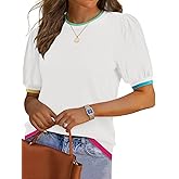 Yousify Womens Puff Short Sleeve Sweater Top Summer Trendy Crew Neck Casual T Shirts Blouses