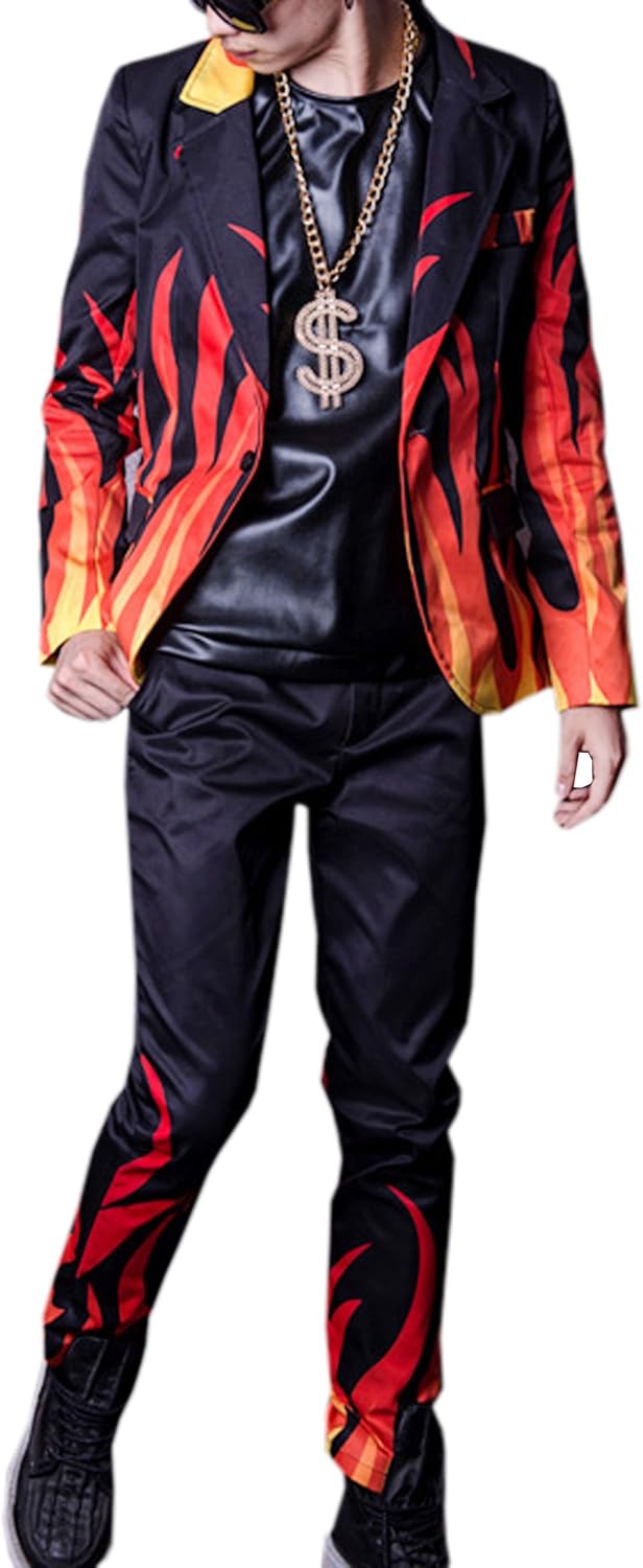 MOKEWEN Men's Fire Flame Pattern Print 2 Piece Suit Set W34 Amazon.co