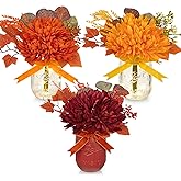 Fall Mason Jars Centerpieces with Lights for Table, Fake Mums Artificial Flowers Floral Arrangements for Autumn Decor, Faux Mums in Mason Jars Fall Decorations for Home, Harvest, Thanksgiving Decor