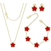 Five Leaf Clover Jewelry Set for Women | 18K Gold Plated Bracelet Necklace Earrings | 5 Leaf Lucky Pendant and Ear Studs for Her