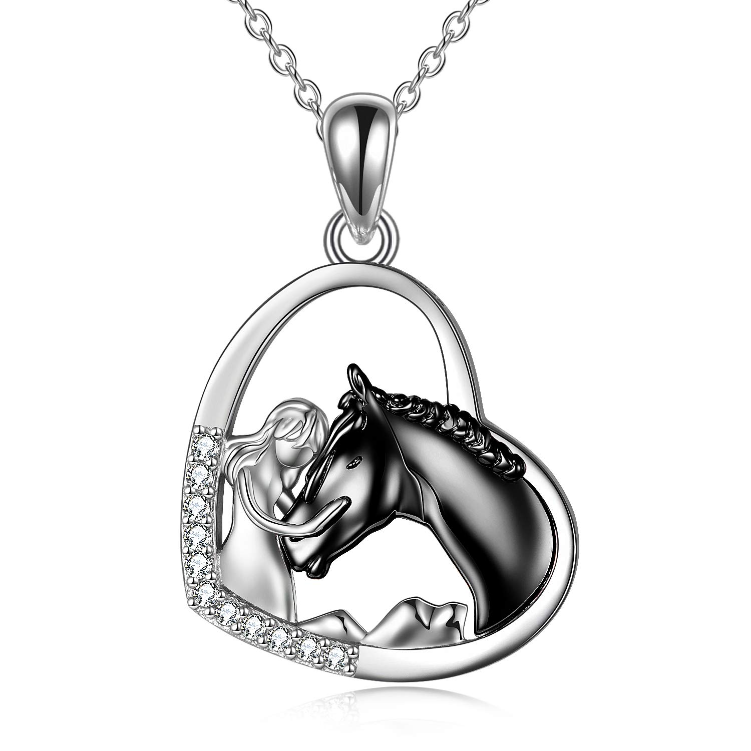 YFN Girl and Horse Necklace for Girls Sterling Silver Horse Jewellery Horse Gifts for Women (Black Horse with Girl Necklace)