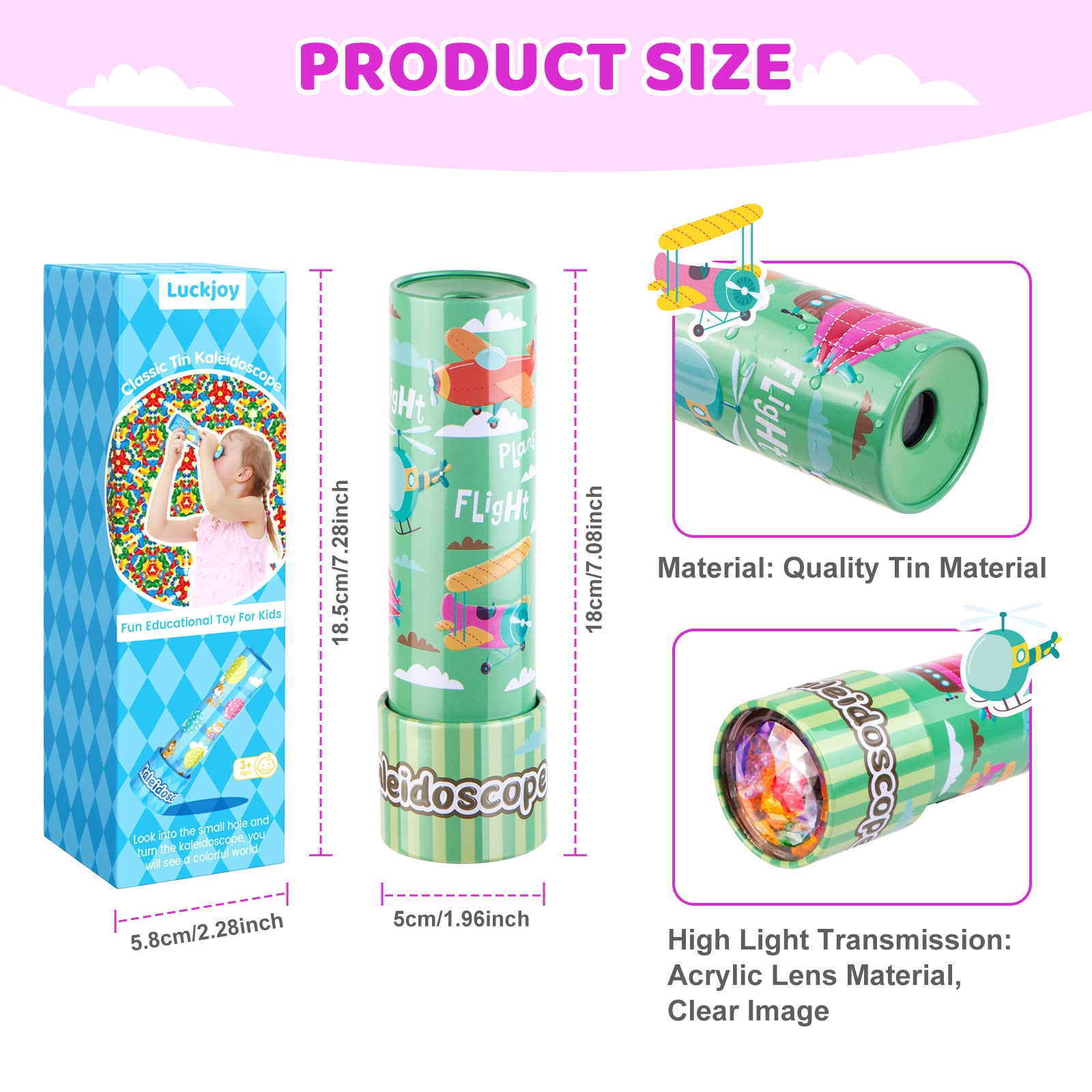 Classic Tin Kaleidoscope, Kaleidoscope for Kids, Kaleidoscope Toy with Metal Body, Retro Toys Educational Toys Green Kaleidoscope with 3D Pattern, Birthday Party Gift for Boys and Girls (Sky+ Plane)