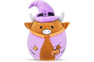 WEIGHTEDPLUSH Squish 12Inch Halloween Pumpkin Highland Cow Plush, Brown Halloween Highland Cow Stuffed Animal with Witch Cap Gifts Halloween Highland Cow Plushies Pillow
