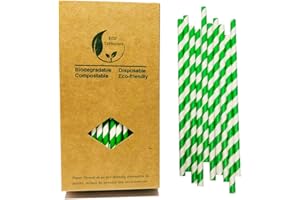 BOFA ECO TABLEWARE Environment Green White Paper Straws Bulk 100, Disposable Green Striped Drinking Straws with Kraft Box Packing Coktail Straws for Holiday Use Juice Patener