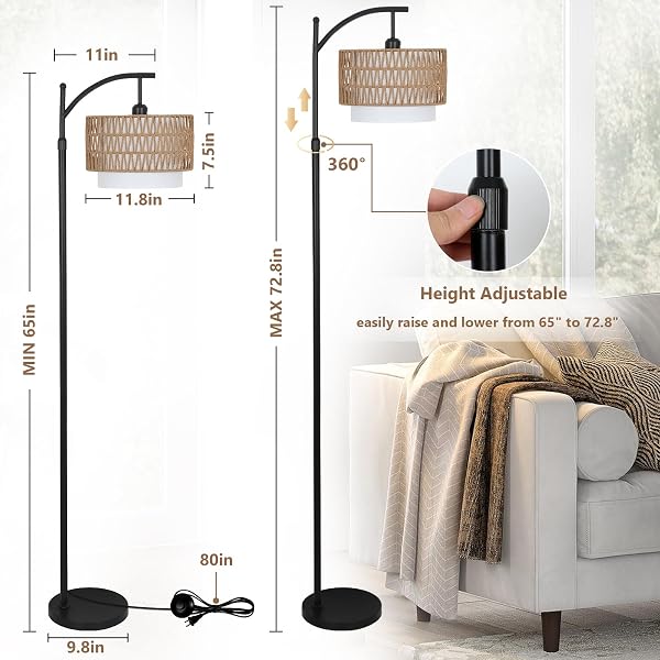 ARC FLOOR LAMP FOR LIVING ROOM WITH 3 COLOR TEMPERATURES, FARMHOUSE FLOOR LAMPS WITH REMOTE & DIMMABLE BULB, BOHO STANDING LAMP WITH RATTAN & FABRIC SHADES, ADJUSTABLE TALL LAMP FOR BEDROOM, OFFICE