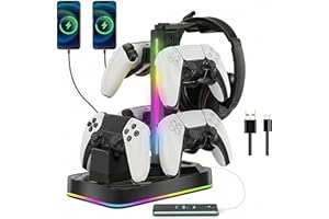 JDGPOKOO PS5 Controller Charger with Headphone Stand, RGB PS5 Controller Charging Station Dock with 3 USB Ports, Headset and 