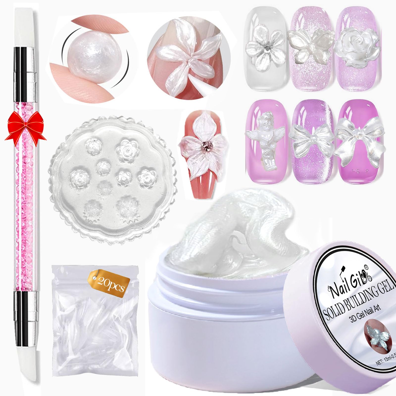 NAILGIL Pear White Solid Builder Gel For Nails,3D Gel Nail Art Sculpture Non-Sticky Hand for Carving Sculpting Extension with 3D Silicone Mold Salon Quality Home DIY-0.5oz