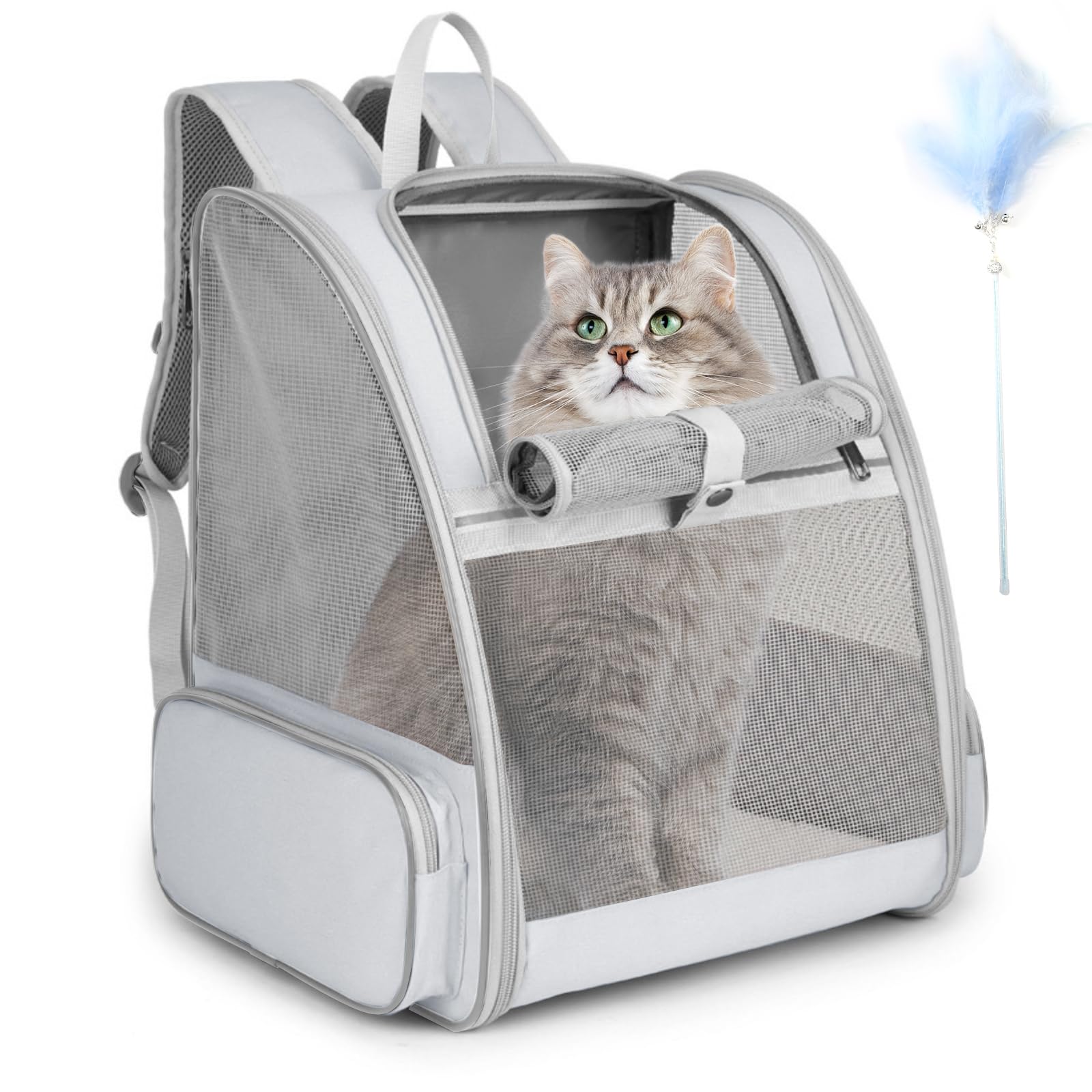 Photo 1 of Cat Backpack Carrier, Large Pet Carrier Backpack with Kitten Wand Feather Toy for Medium Small Dog Cat Puppy Kitty Bunny up to 15lbs, Ventilated Mesh Kitten Bookbag for Travel Walking Outdoor (Grey)