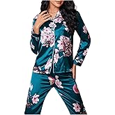 WDIRARA Women's Satin 2 Piece Pajama Sets Long Sleeve Pants Button Down Sleepwear